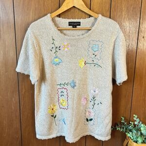 Vintage Salon Studio by Haband Knit Top Embroidered Floral Short Sleeve Womens L